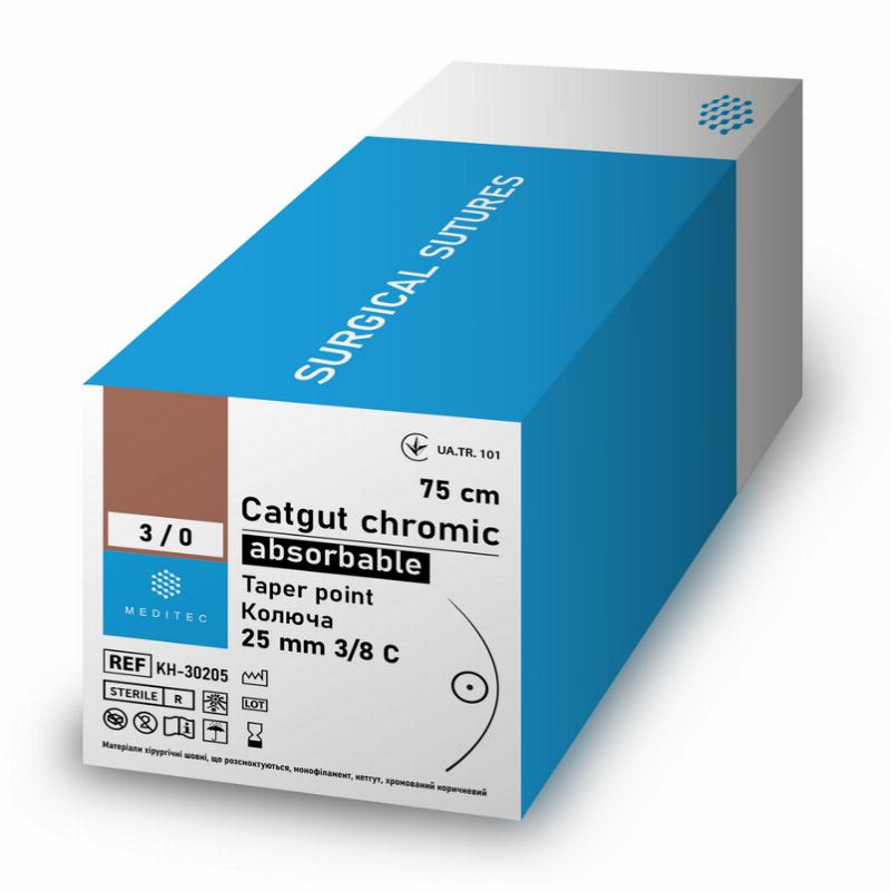 "Кетгут хромований., USP 4/0(М2), 75 см, голка колюча 20мм, 1/2 С"